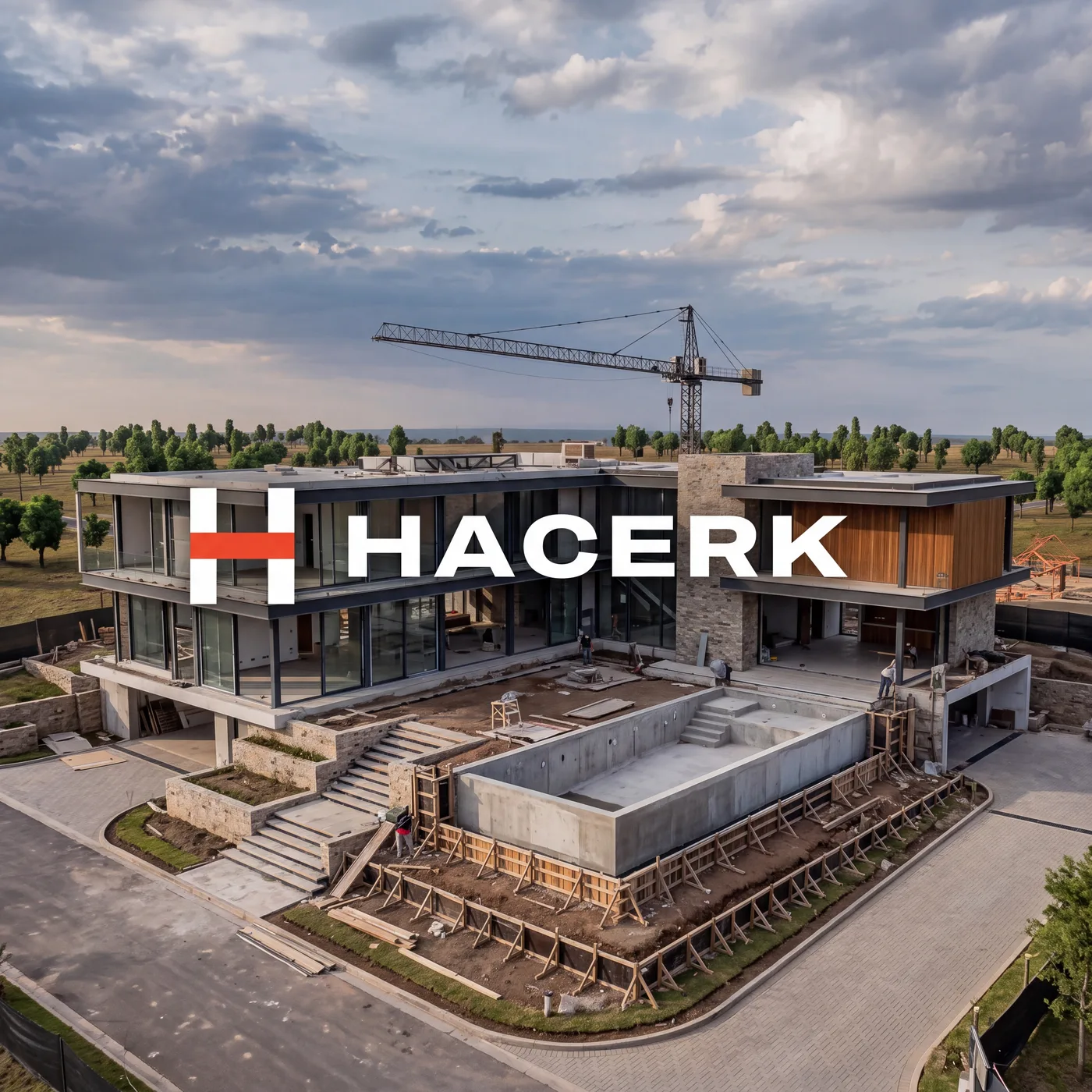 Vista aérea de una casa en construcción con grúa y el logotipo de Hacerk sobre la imagen